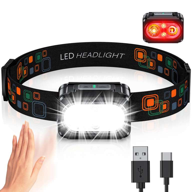 Linterna Frontal LED Recargable con Luz Roja & Sensor de Movimiento, 5 Modos de Iluminación e Impermeable IPX4