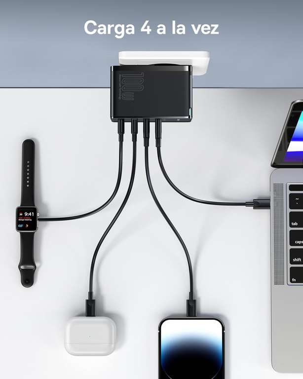 Baseus Cargador USB C rápido 100 W, PD alimentación con GAN II Tech de 4 Puertos [2USB-C + 2USB]