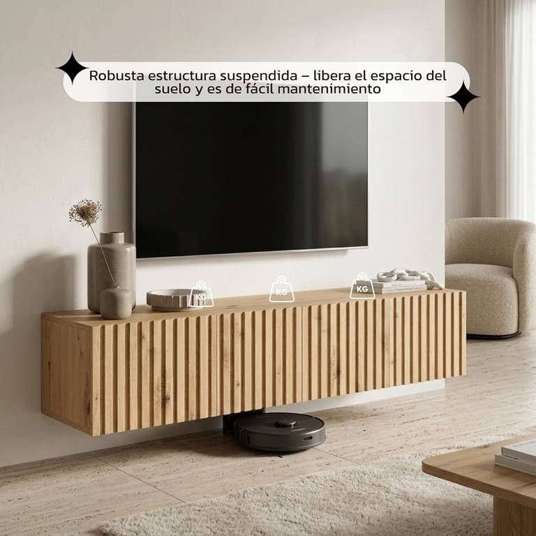 Mueble de TV Colgante – Roble Artesano con Frente de Lamas – 140 cm