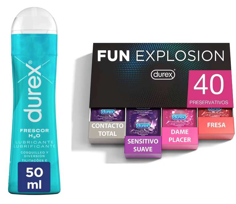 Durex - Lote Fun Explosion, Pack 40 Preservativos + Lubricante Frescor H2O 50 ml, Cosquilleo y Diversión, Sexo Seguro