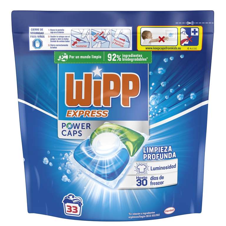 Wipp Express Power Caps: Detergente en Cápsulas para Lavadora, 33 Dosis, Limpieza Profunda en Agua Fría - Solo 0,26€ la Unidad